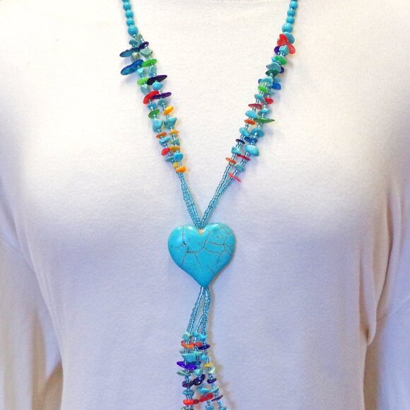 Turquoise Heart Stone Necklace with Multi Color Stones and stone beaded tassel. - Picture 2 of 8